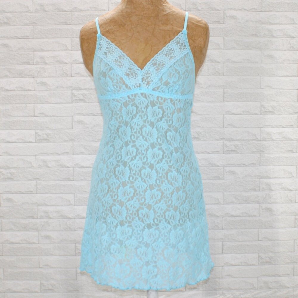 Chemise Slip Bodycon Stretch Form Fitted Sheer Lace Floral Turquoise Blue Small